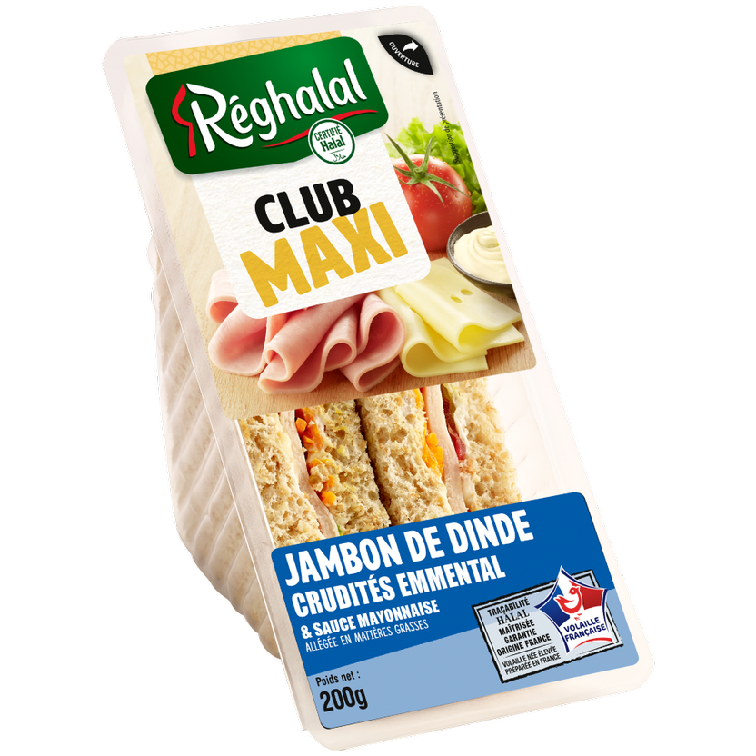 Packaging club maxi jambon de dinde crudités emmental halal origine France - réghalal