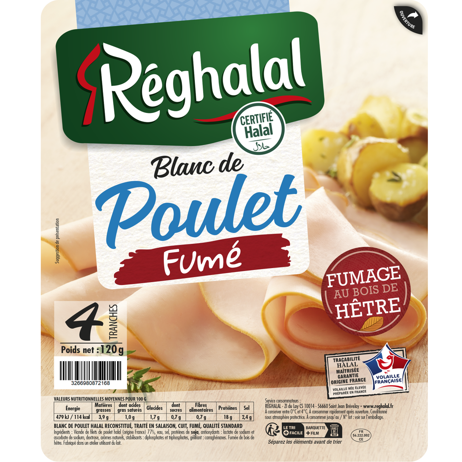 packaging blanc de poulet fumé réghalal 6 tranches