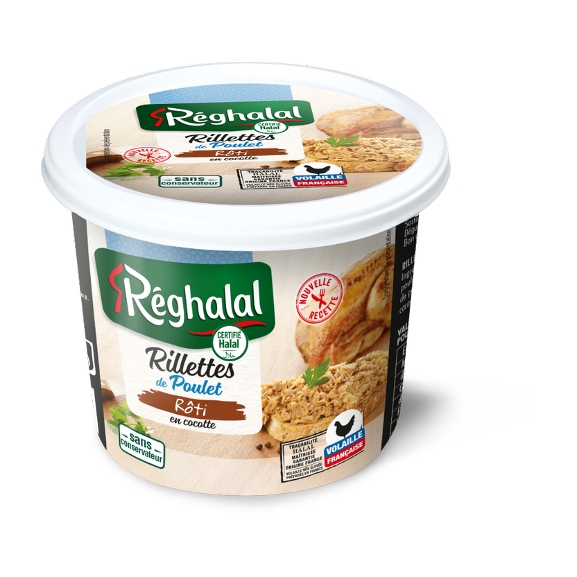 Packaging rilettes de poulet rôti en cocotte halal origine France - réghalal