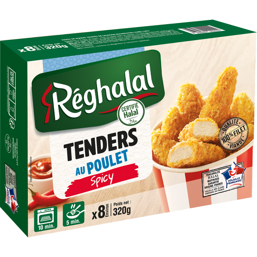 Packaging tenders au poulet spicy halal origine France - réghalal