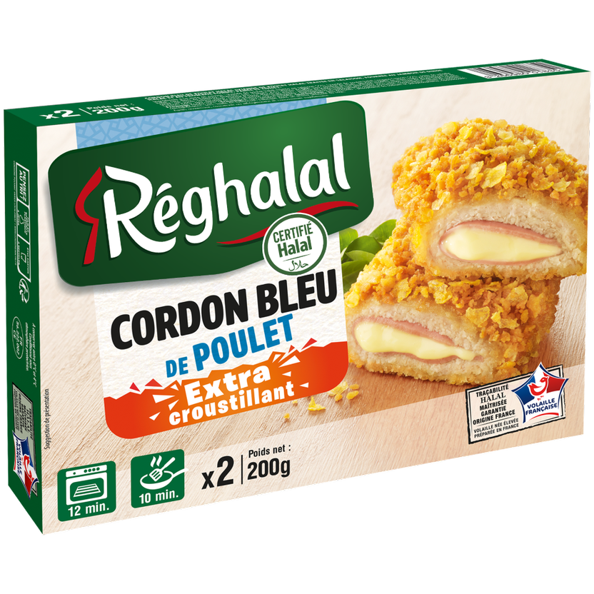 Packaging cordon bleu de poulet extra croustillant halal origine France - réghalal