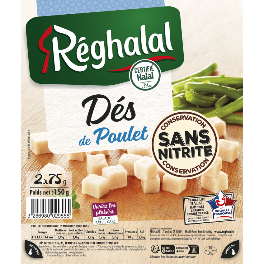 Packaging dés de poulet sans nitrite halal origine France - réghalal