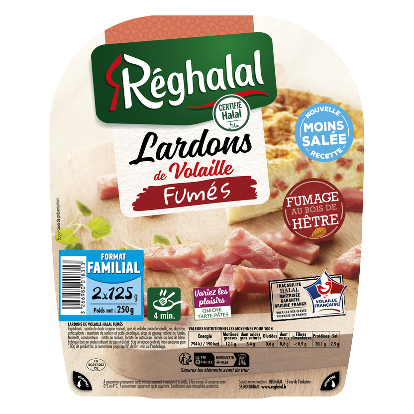 Packaging lardons de volaille fumées halal origine France - réghalal